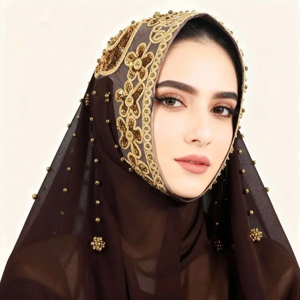 Headwraps Silk Pearl Chiffon Hijab Scarf Gold Beads Embroidery Women Headscarf Thin Sunscreen Islamic Turban Beach