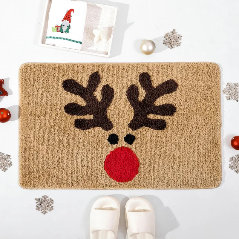VIKAMA Reindeer Face Rug, Christmas Deer Head Carpet Mat with Red Nose, Holiday Floor Mat for Living Room Bedroom