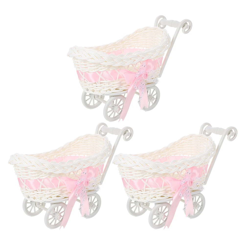 

3 Pcs Pink Baby Stroller Basket Imitation Rattan Display Baskets Candy Serving Wedding Flower Party Favors Decorations