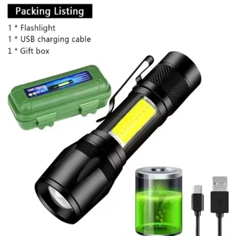 Mini LED Flashlight COB+XPE Portable Torch USB Charging Camping Lantern Zoomable Focus Light Tactical Flashlight with Pen Clip