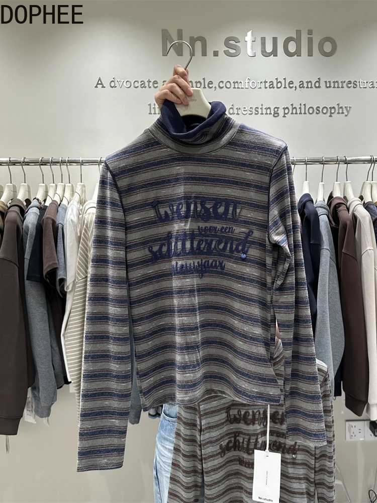 

Модный осенне-зимний пуловер с высоким воротником, винтажный топ в полоску с длинными рукавами и вышивкой букв, тонкие женские футболки