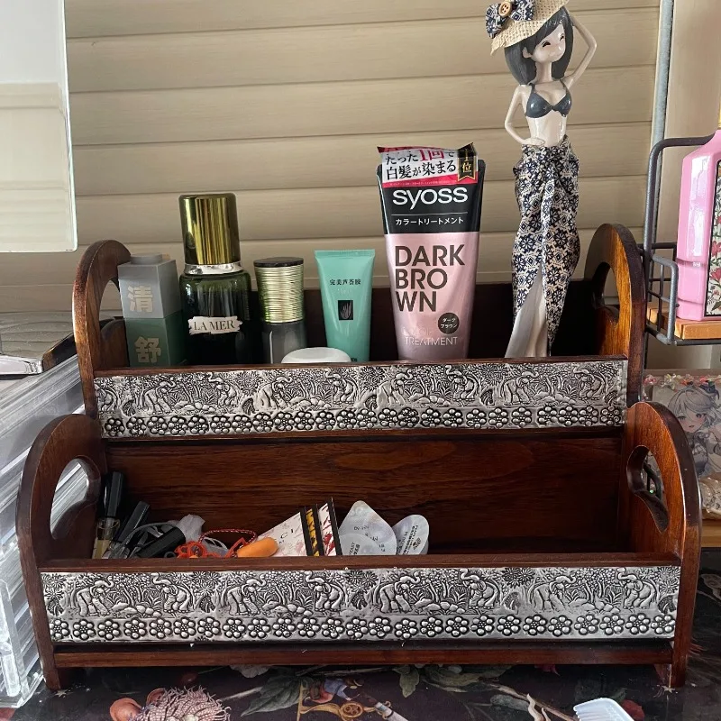 

Винтажный органайзер для косметики из массива дерева для туалетного столика, ванной комнаты, подставка для хранения парфюмерии и средств по уходу за кожей, настольный держатель для кистей для макияжа