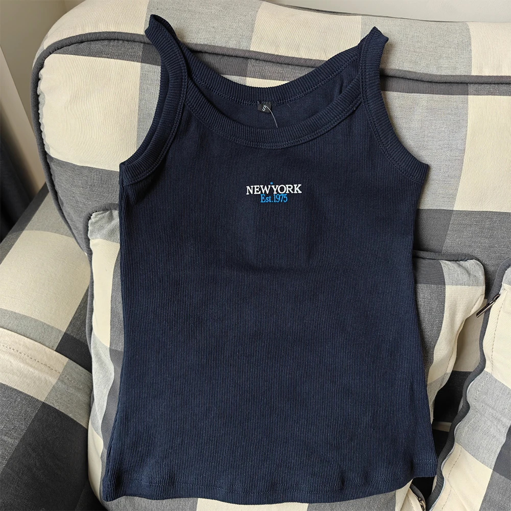 Contrasting Text Print Slim Fit Sports Tops for Women Preppy Style Blue Ribbed Text T-shirts Round Neck & Sleeveless Cotton Vest