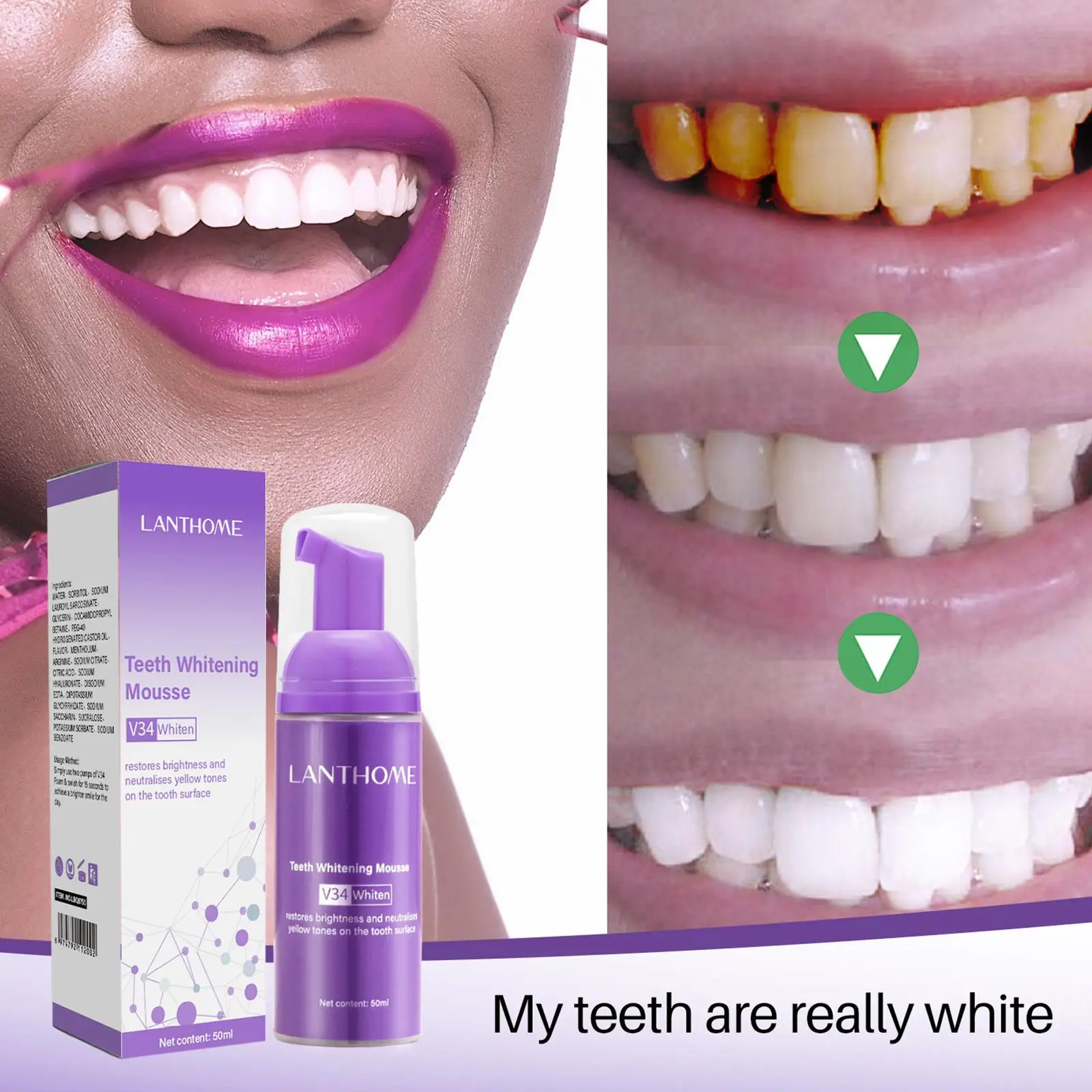 V34 Dentes Whitening Mousse, Remover manchas creme dental espuma respiração fresca, Higiene Oral, Dente branqueamento, A3W8