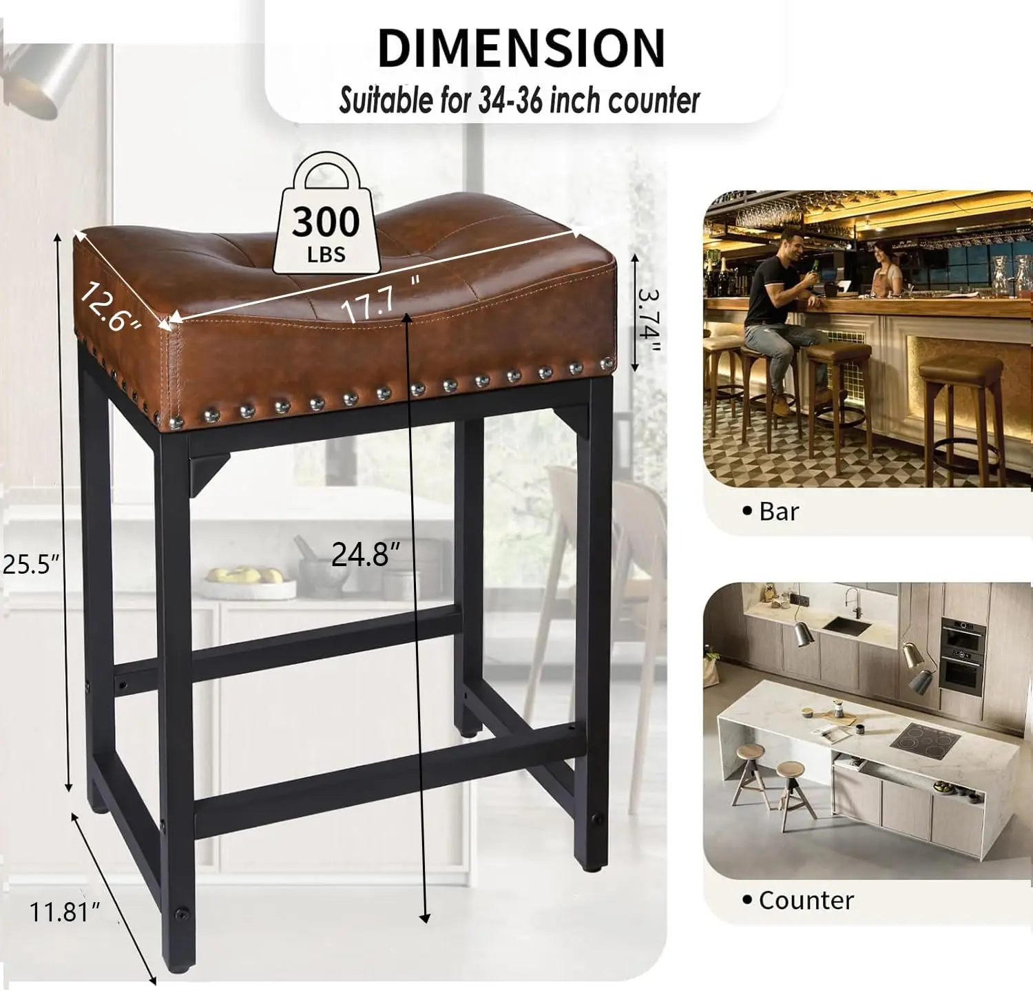 Set of 2, Counter Height Bar Stools for Kitchen Counter, 24 Inch Saddle Barstools Kitchen Stools, Counter Height Stools for Bar