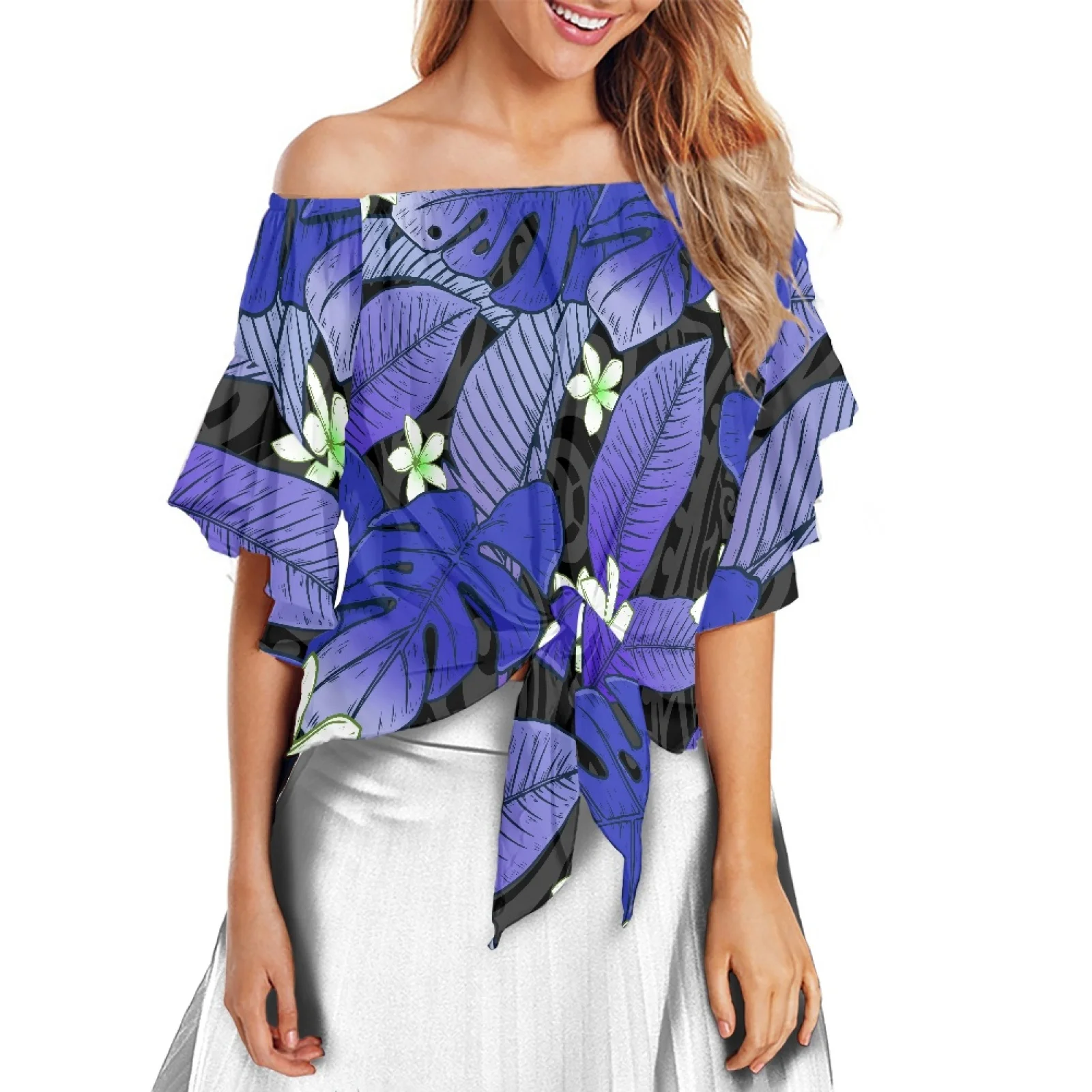 

Polynesian Traditional Off Shoulder Tops 100% Polyester Women Shirt Flare Sleeve Retro StyleTattoos Frangipani Printing Blouses