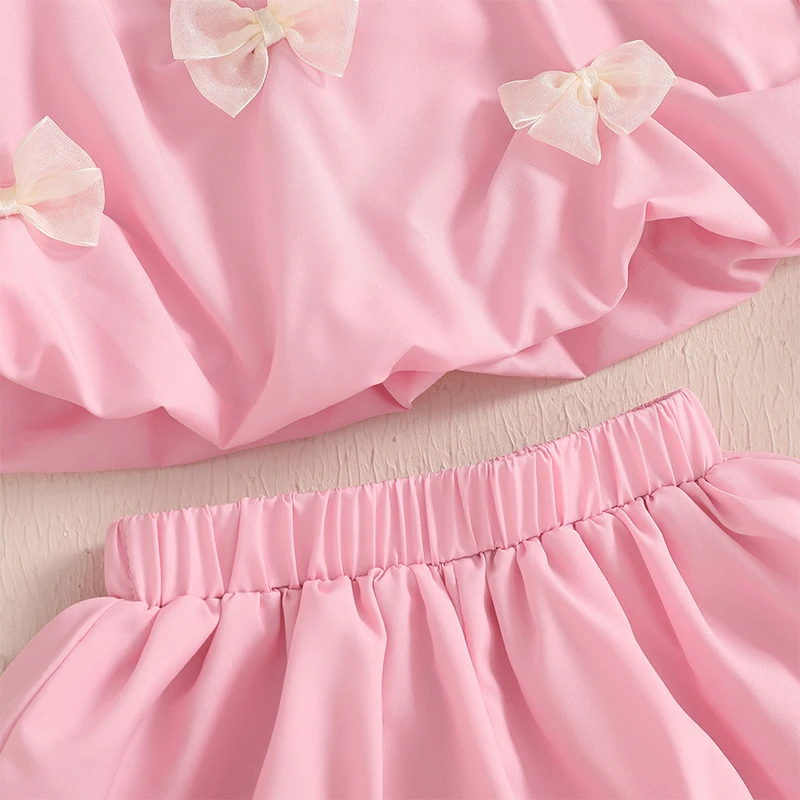 

Летняя одежда для новорожденных девочек, декор с бантом, топы без рукавов с круглым вырезом, шорты с эластичной резинкой на талии, комплект одежды из 2 предметов