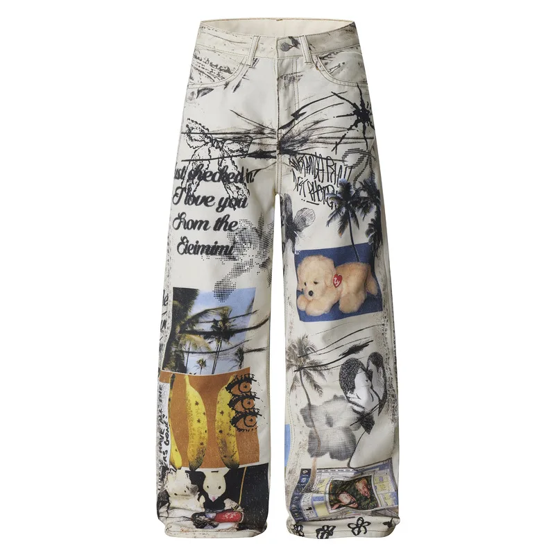 Men's Graffiti Jeans Pants Fashion High Street Digital Painted Loose Fit Y2K Denim Trousers Baggy Printed jeans Graffity Denim