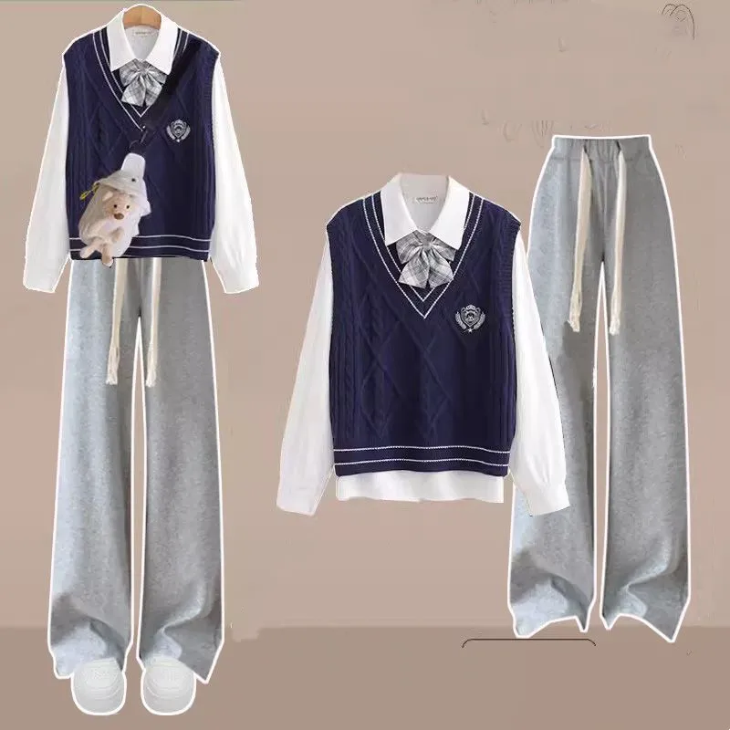 2024 Autumn/Winter Women\'s Set Korean Loose Vest+White Shirt+Fashionable Wide Leg Jeans 3-Piece Set Trendy