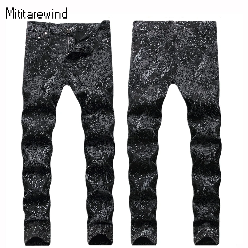 

New Printed Jeans for Men Clubwear Trendy Black Skinny Jeans Colorful Hand-painted Graffiti Trousers Y2k Streetwear Chic Pants