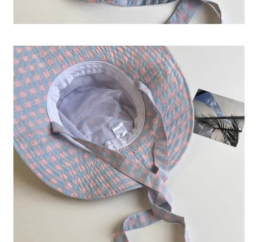 Ins Blogger Retro Plaid Tie Strap Eimer Hut Frauen Sommer Reise Vielseitig Fischer Hut Mädchen Mode Beliebte Breite Krempe Sonne Kappe – Detail 20