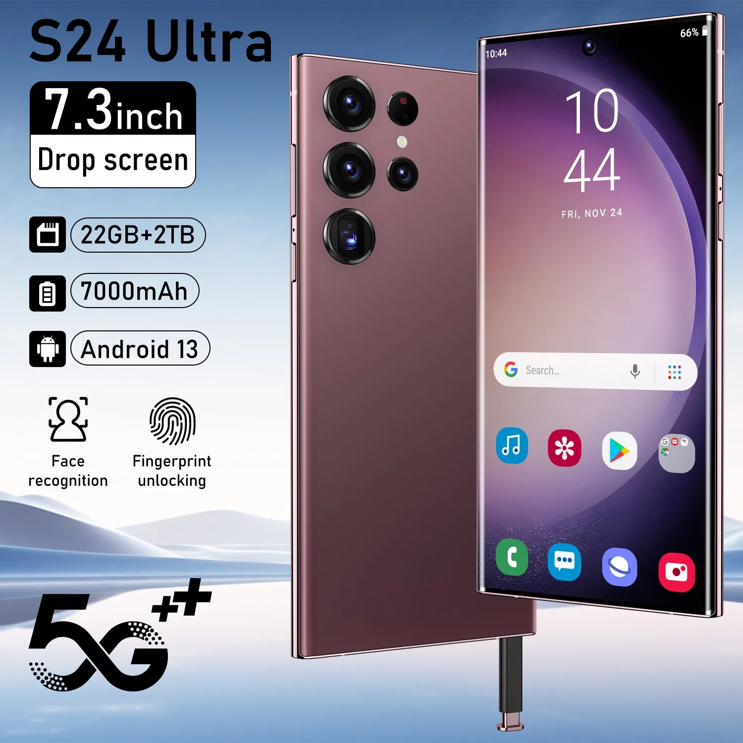 Original S24Ultra 5G Smart 7.3 HD Screen Android 13 Camera 50MP+108MP 22G+2TB Memory Battery 7000mAh Face Unlock