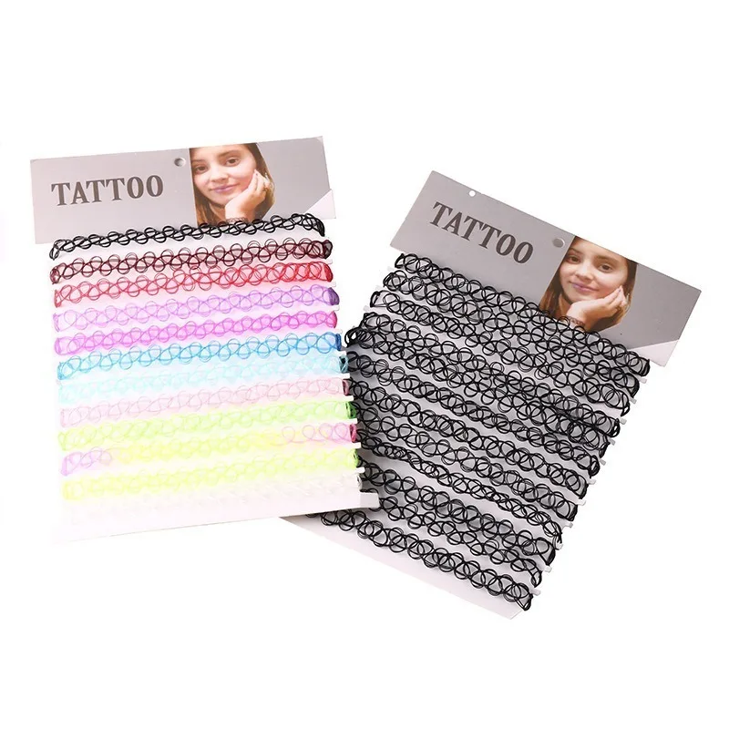 12 stücke Vintage Tattoo Collares Halskette Set Für Frauen Mädchen Elastische Schlüsselbein Kette Bunte Punk Gothic Stretch Halsband Spitze