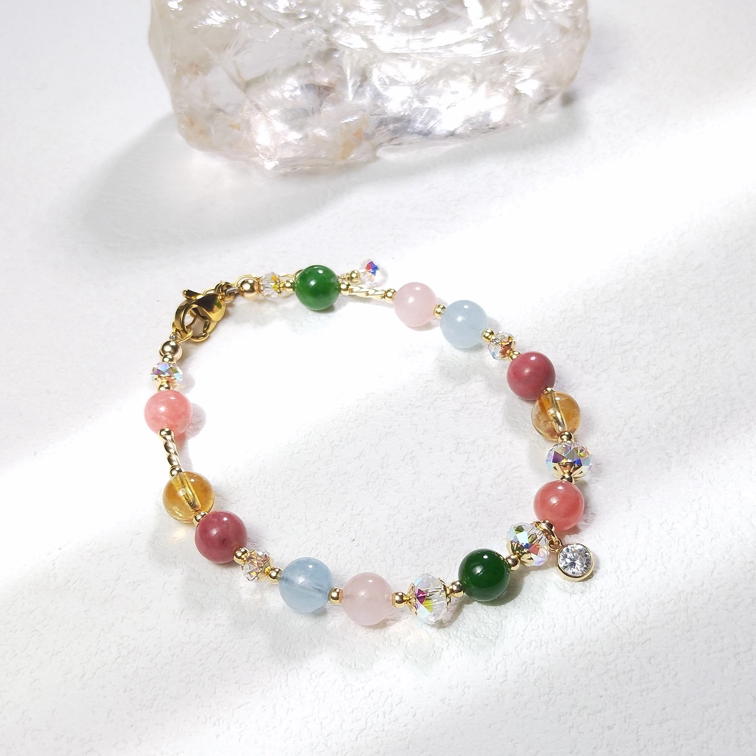 Lii Ji Rhodochrosite Citrine  Rhodonite Aquamarine Rose Quartz Green Jade 6mm American 14K Gold Filled Bracelet