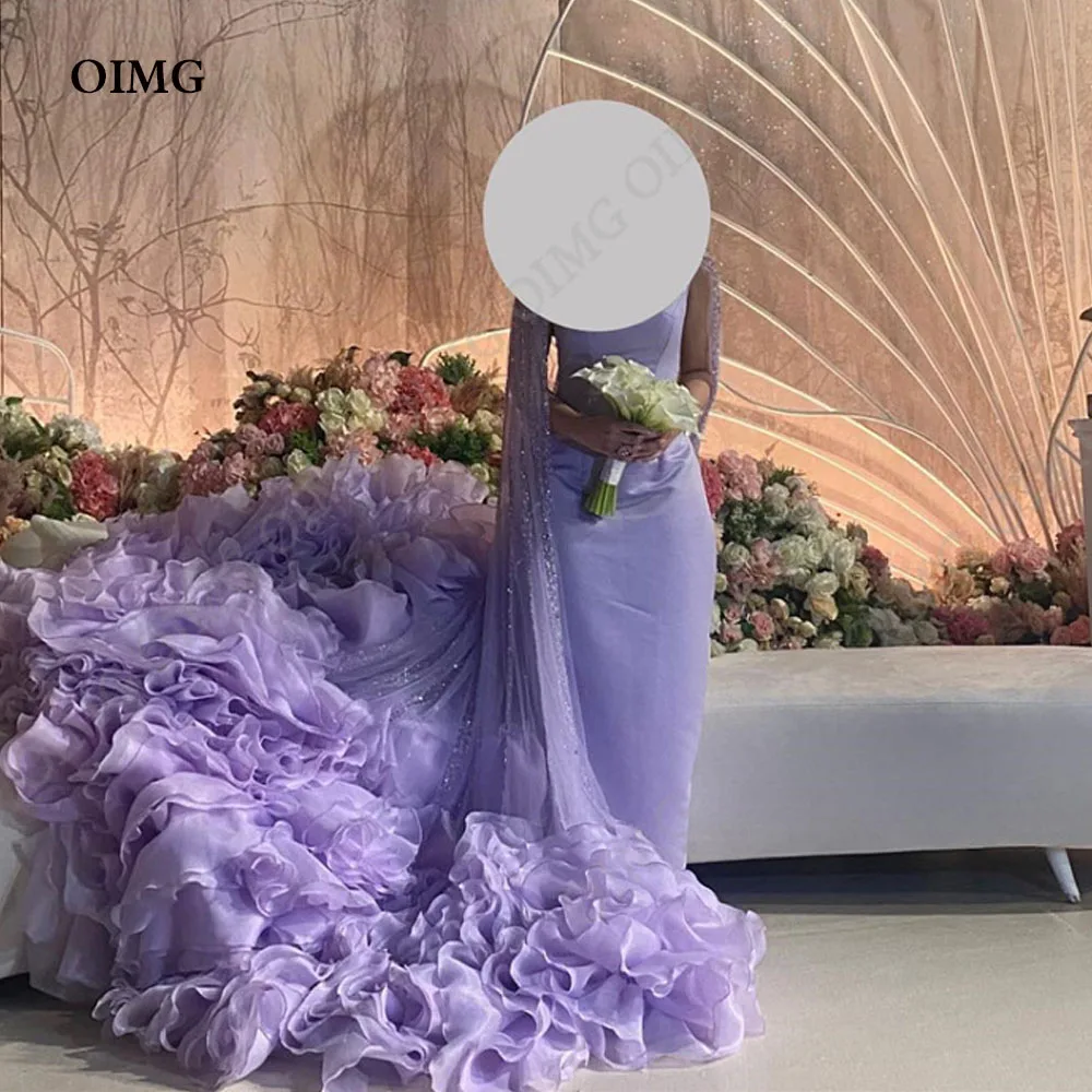 OIMG Sparkly Lavender Sequins Ruflles Long Prom Dress Sequin Beaded Shiny Formal Evening Party Gowns Dubai Arabic Robe