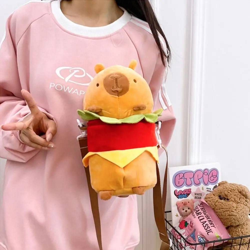 Bolsa de felpa portátil con diseño de animales, hamburguesa, capibara, muñeco de peluche, bolso de hombro portátil de dibujos animados, bolso cruzado suave y bonito para estudiantes