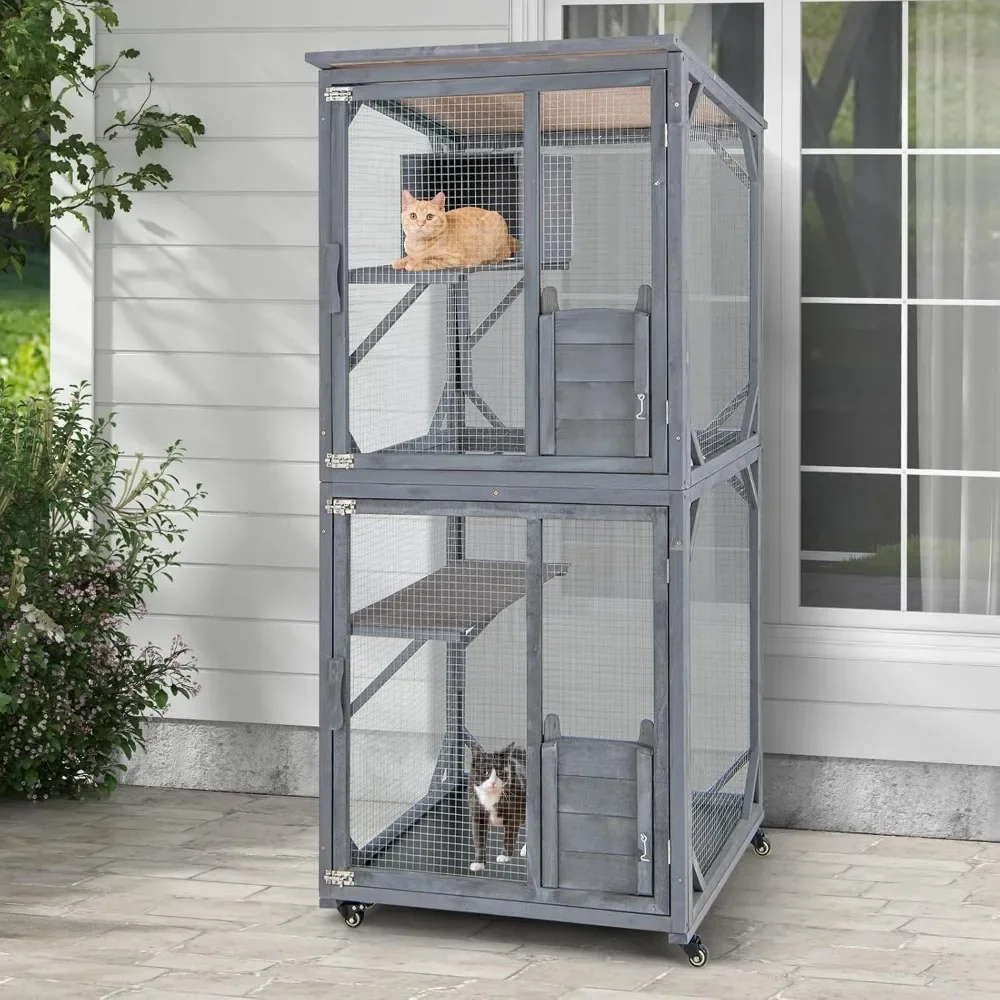 

Catio Outdoor Cat Enclosure, 72 Inch Wooden Cat House on Wheels with Resting Box, 2 Platforms & Weatherproof Asphalt
