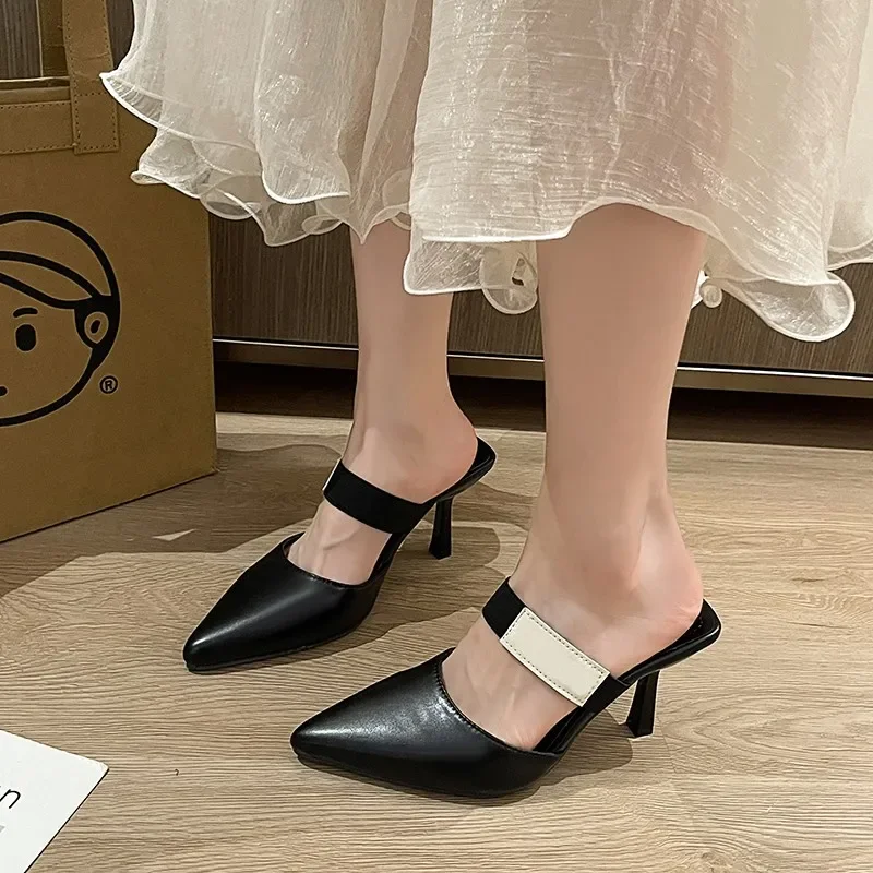 2024 Summer New Women High Heels Fashion Elegant Pointed Toe Mid Heel Slippers Ladies Mules Comfortable Shoes for Women Zapatos