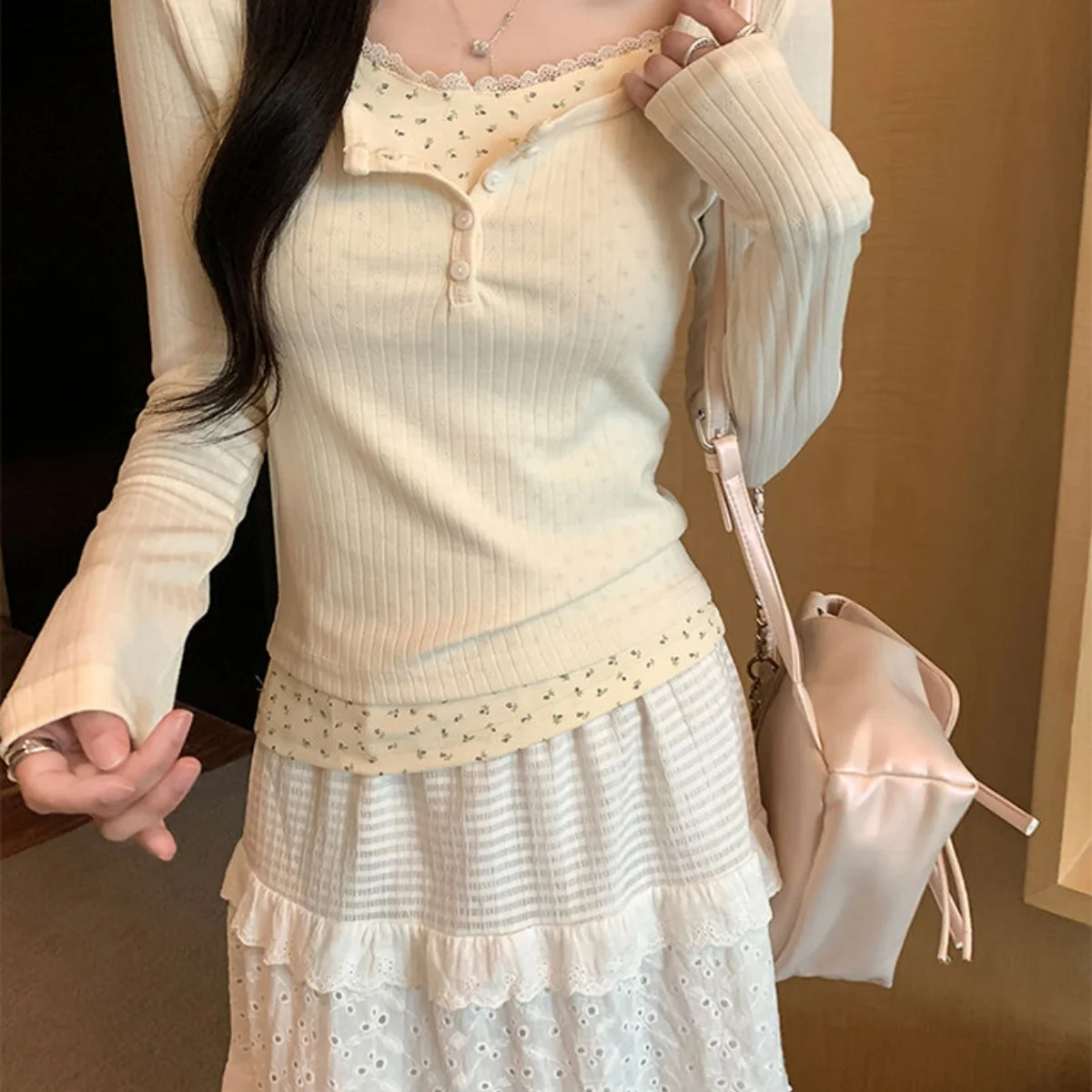Ladies' Floral Tops Long Sleeve Lace Neck Button Sweet Flower 2026 Spring Fashion Office Night Out Fake Two-Piece Women Clothes