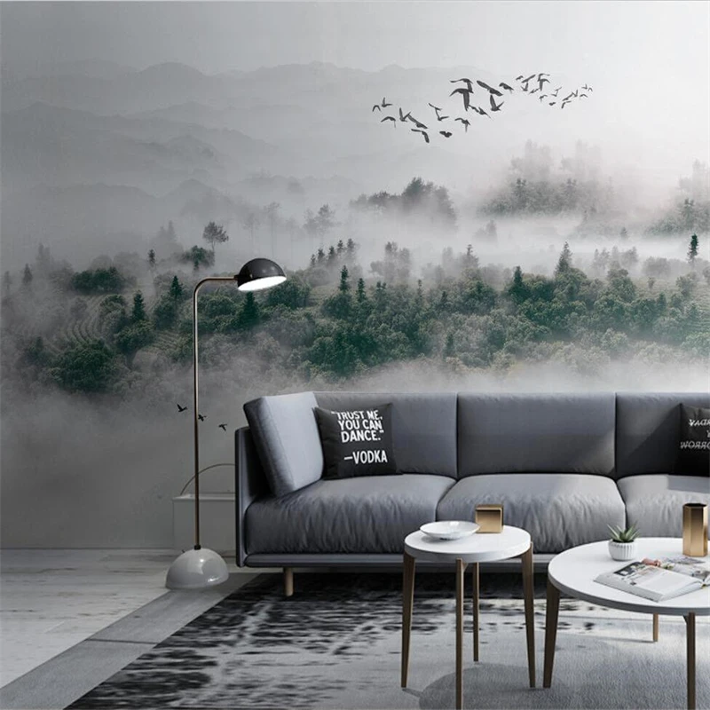 

Обои на заказ 3d минималистичный скандинавский стиль летающая птица туман сосновый лес облако туман ТВ фон стена гостиная спальня фреска