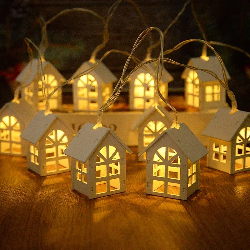 2M 10LED Christmas Wooden House LED Fairy Light String Home Hanging Garland Xmas Tree Ornaments Decoration Lamp 2025 New Year