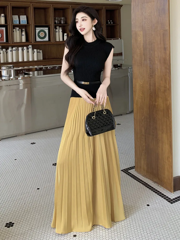 

High Quality French Fashion 2 Piece Sets For Women Outfits Korean Knitted Top + High Waist Pleated Long Skirt Two Piece Set