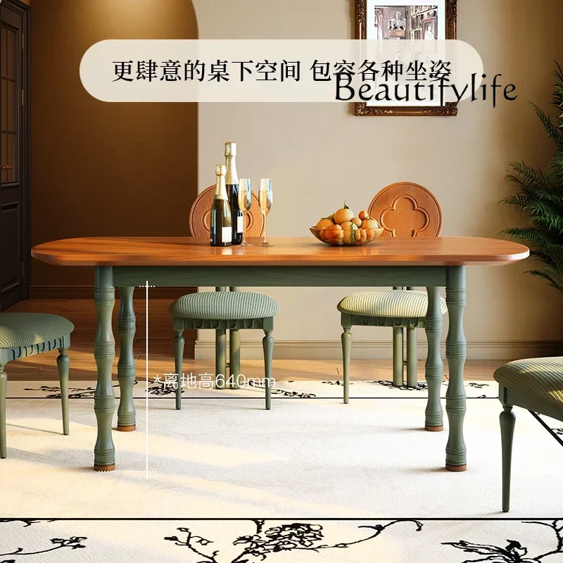 N Solid wood dining table French retro small apartment household medieval style simple ash wood medieval dining table green