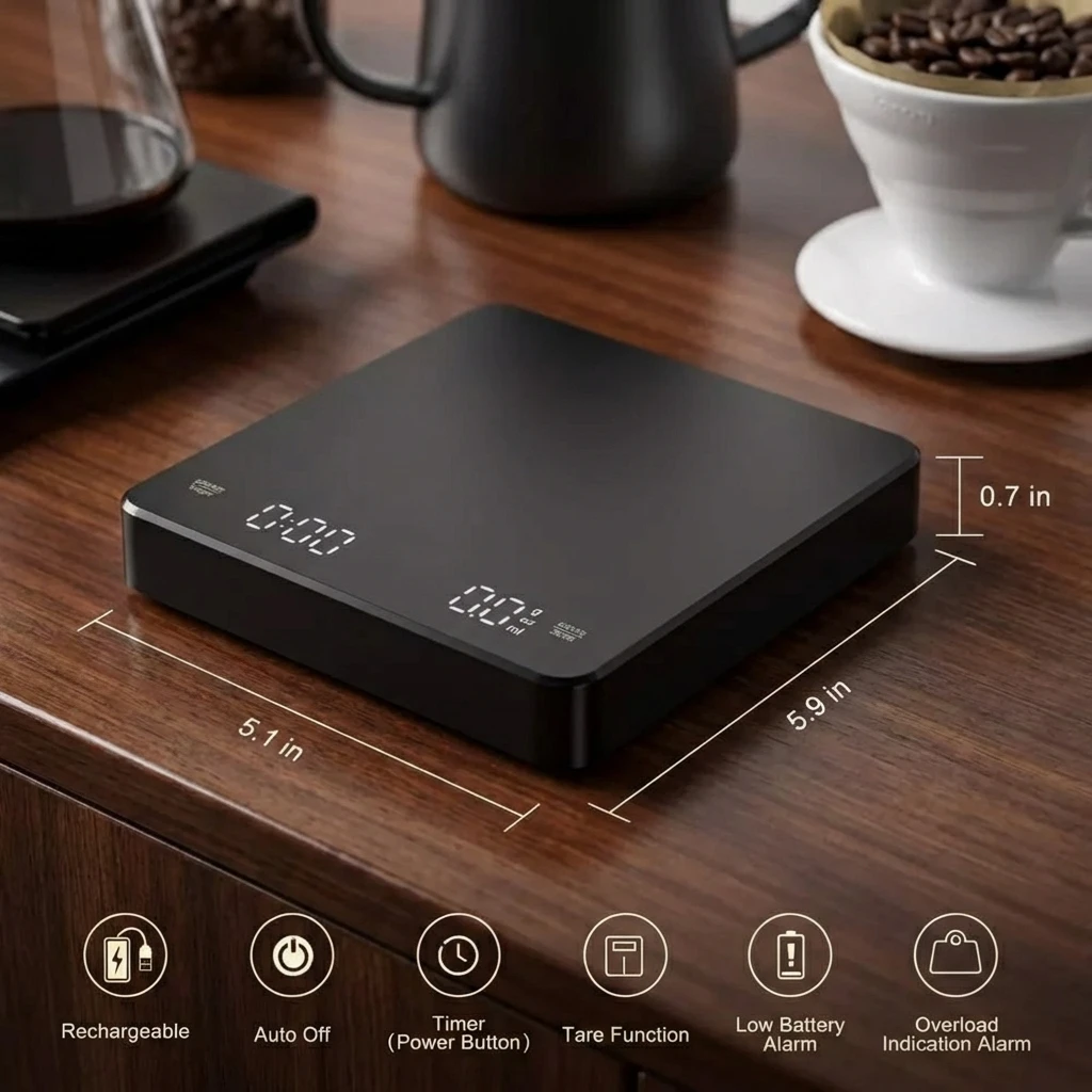 USB Digital Coffee Scale Rechargeable LED Screen 0.1g/3kg High Accuracy Kitchen Espresso Brewing Measuring Timer Scale