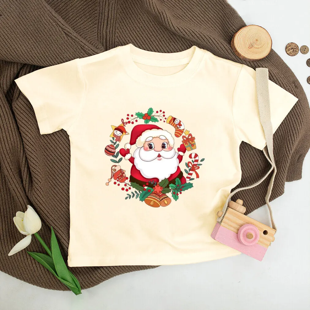 Santa Printed Christmas Kids Shirt Christmas Party Boys Girl Outfit Child Retro Short Sleeve T-shirt Toddler Xmas Holiday Shirts