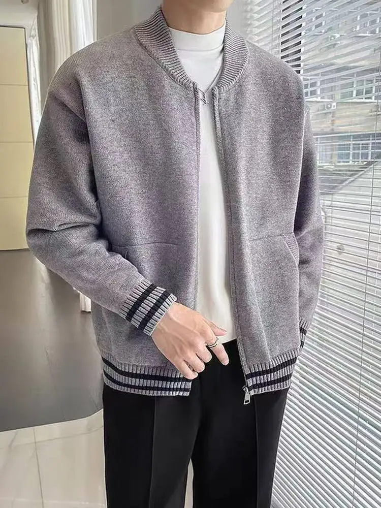 سترة رجالية كاجوال محبوكة بياقة بيسبول مفتوحة، كارديجان عصري بألوان متباينة ومخطط بأكمام طويلة وفضفاضة للربيع والخريف #2