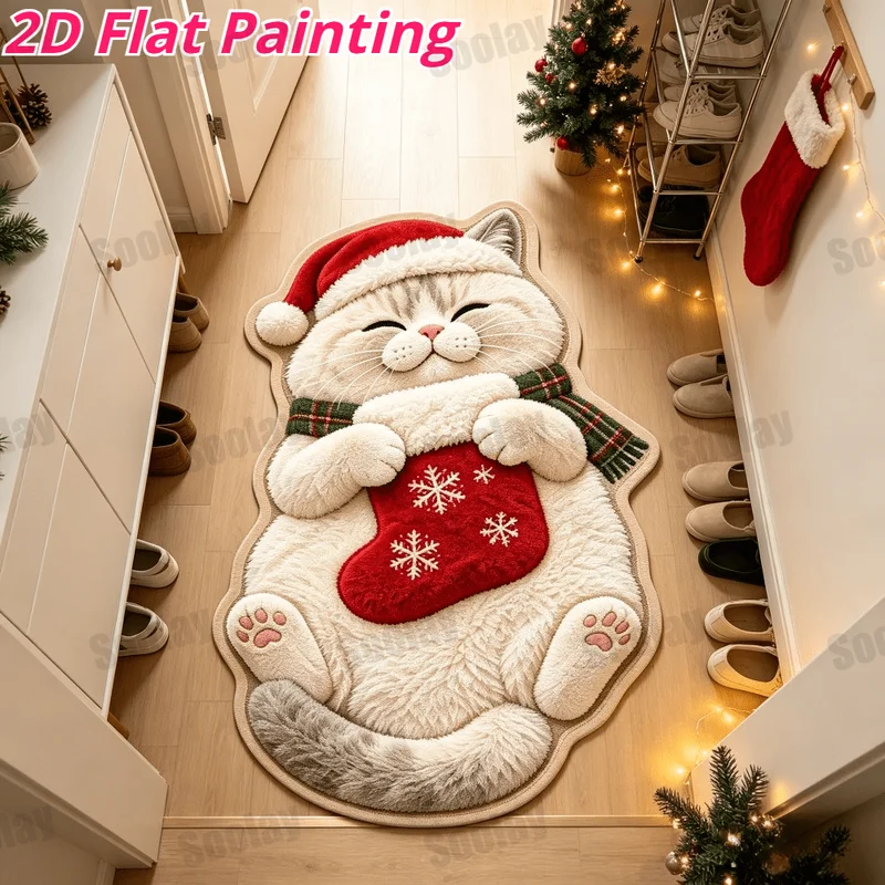 VIKAMA Cartoon Christmas Cat Irregular Shaped Rug Soft Plush Non-Slip Washable Absorbent Bathroom Bedroom Doormat Aesthetic Gift
