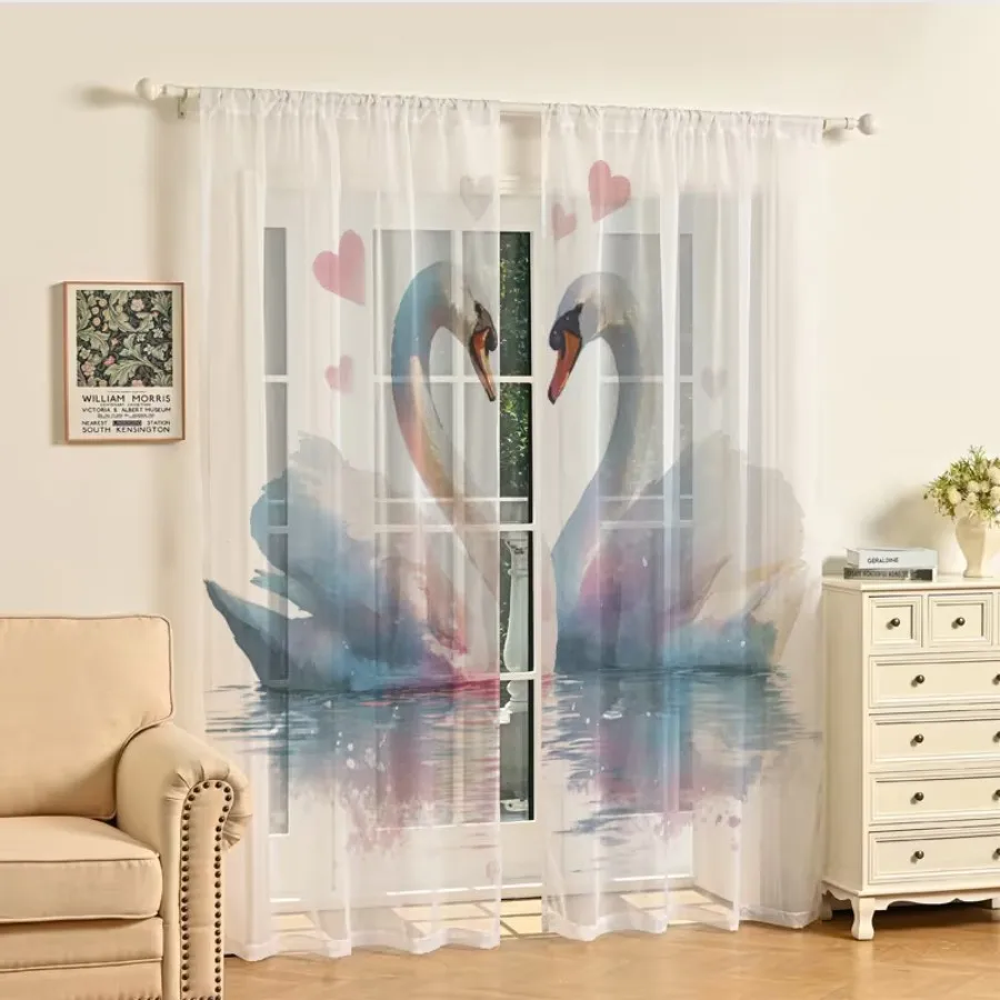 2PCS Digital Print Sheer Curtains, Iridescent Holographic Swan, Dreamy Magical Fantasy for Bedroom Living Room Home Decor