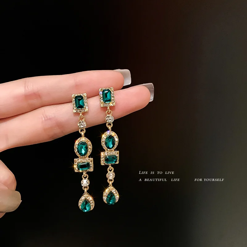 925 silver needle geometric diamond inlaid green earrings French retro luxury palace style long style earrings   free shipping