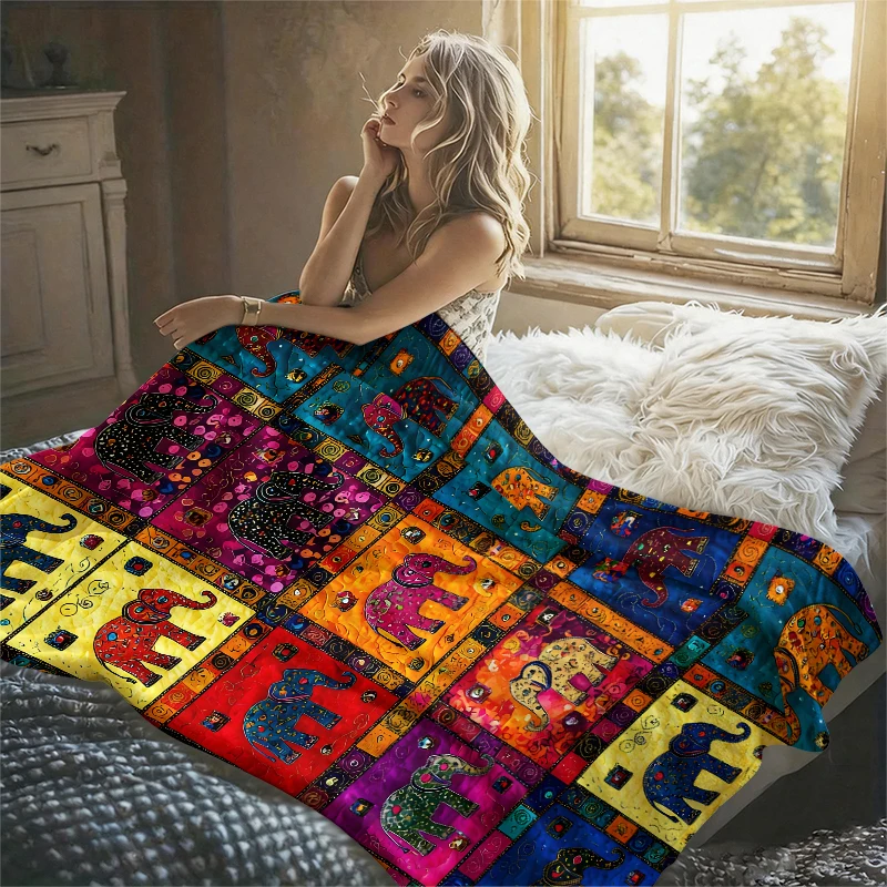 Colorful Elephants Grid Ultra-Soft Fluffy Flannel Blanket Super Cozy Lightweight Bed Blanket for Halloween Sofa Bed Christmas