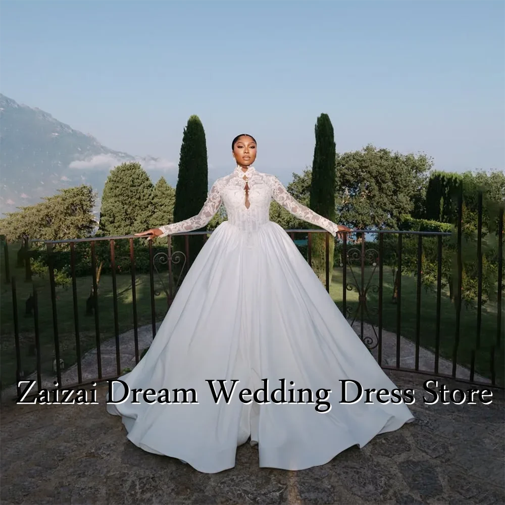 

Customized Luxury Modern Wedding Dresses A Line Women's Appliques Lace High Neck Long Sleeve Bride Gowns Boho Vestidos De Novia
