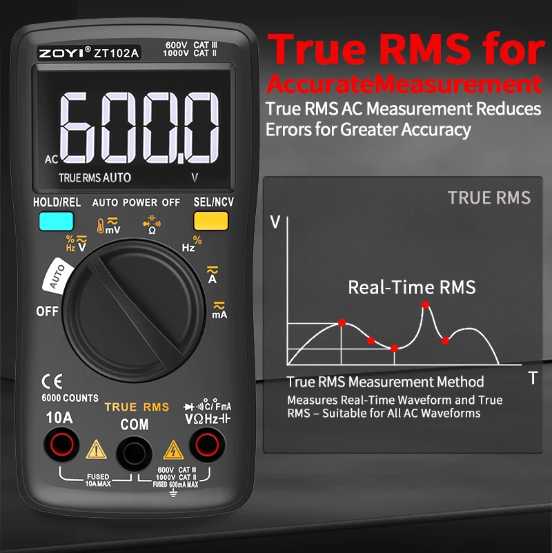High Precision ZOYI ZT-102A Auto Ranging Multimeter Smart 6000 Counts Diode Test Electrician Tool