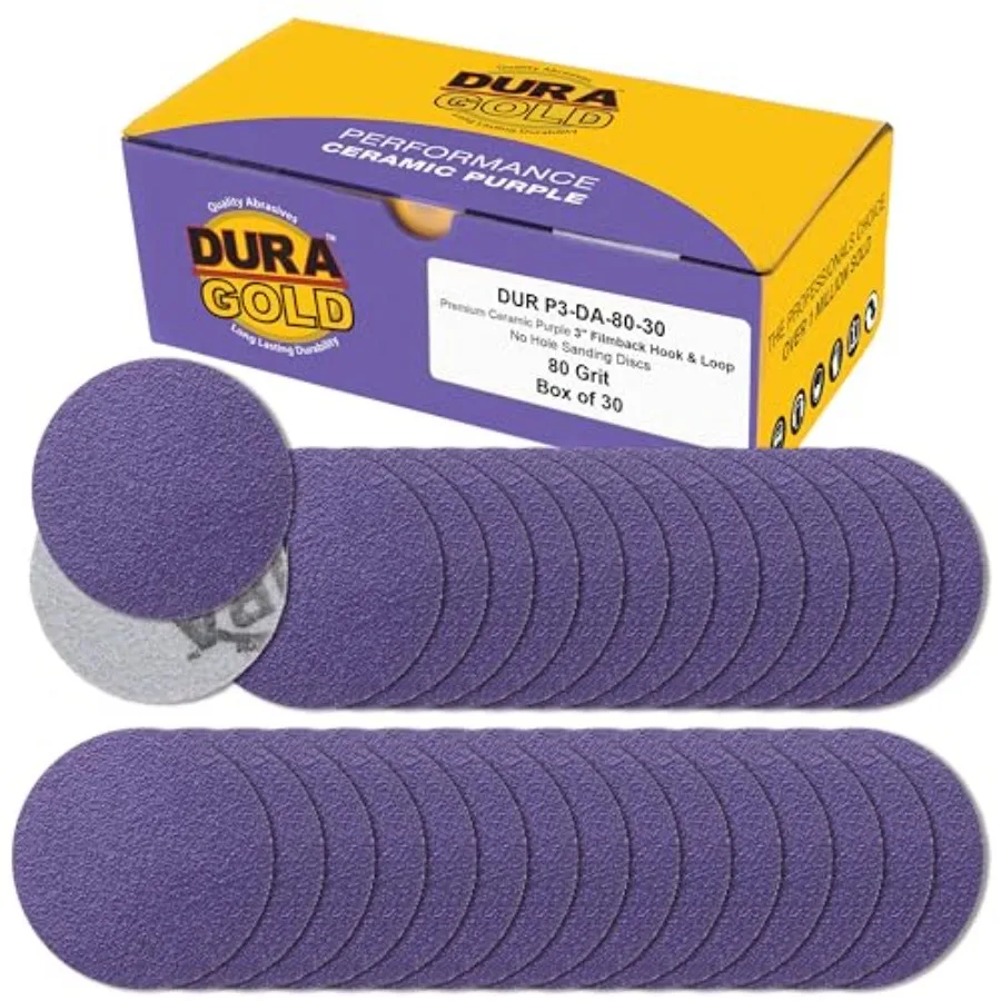 

Premium 80 Grit 3" Purple Film Ceramic Sanding Discs, Box of 30 - Hook and Loop Backing Sandpaper for DA Sander, Drill, Grinder