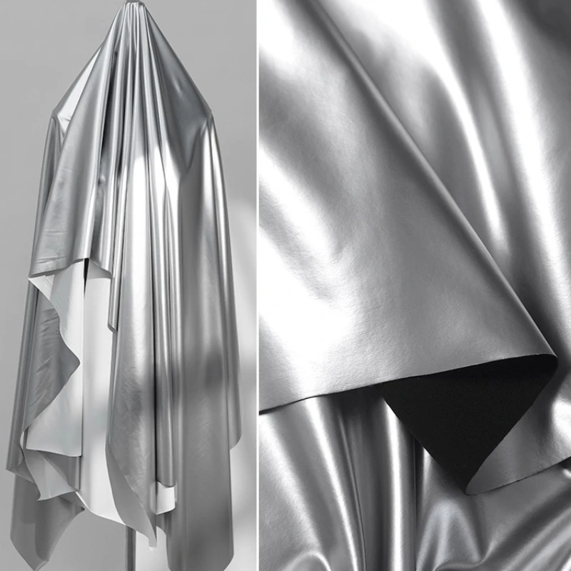 

Matte Silver Leather Fabric Handmade Stretch Faux Sheepskin Sweat Sauna Pants Activewear Yoga Breathable Apparel Crafts Material