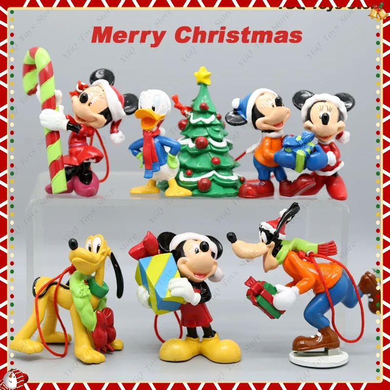 

6PCS Disney Mickey Mouse Mickey Minnie Donald Duck Christmas Series Figure Collectible Ornaments Christmas Gift Keychain Toy