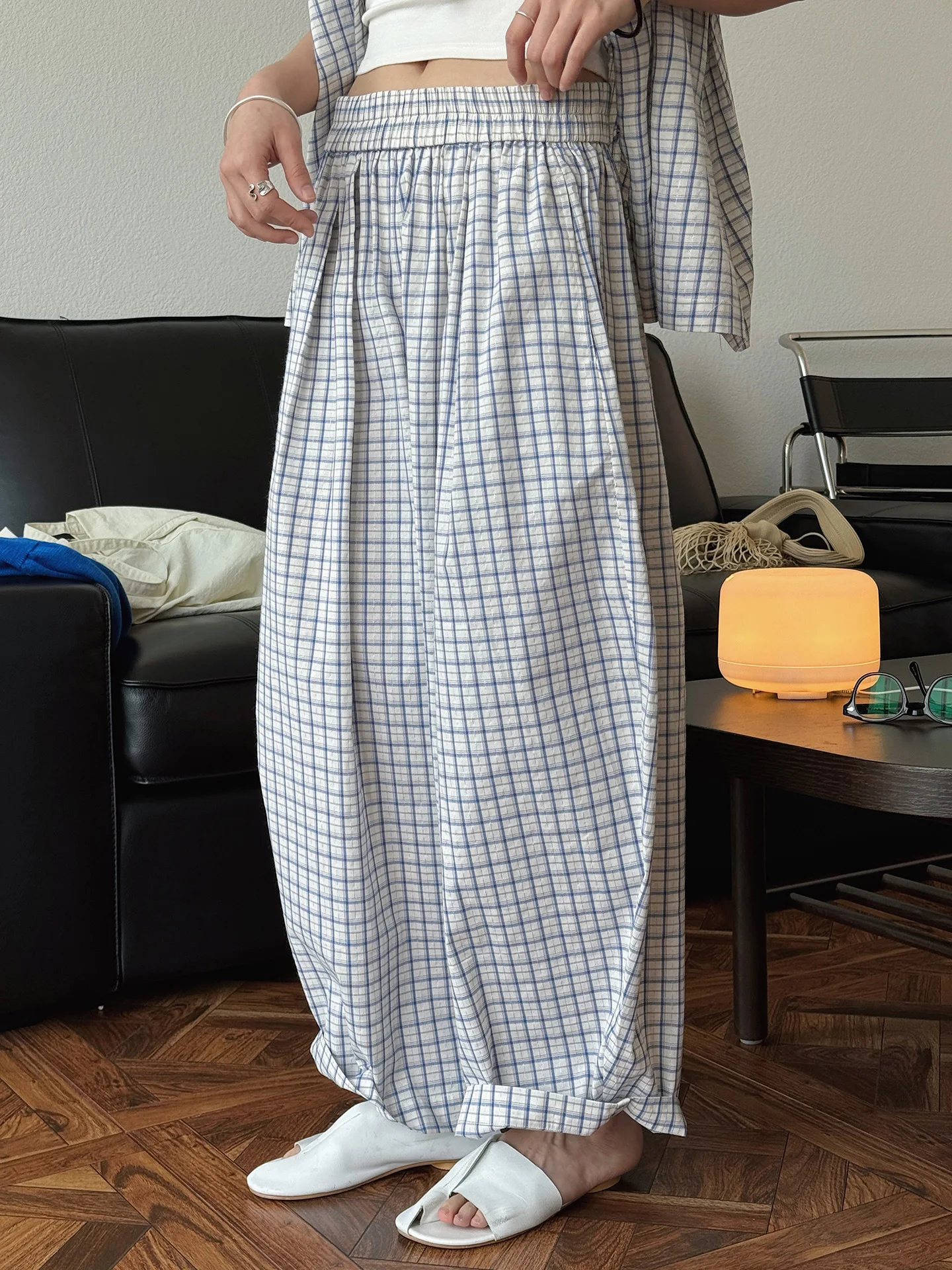 

Spring and summer women's casual checkered high waisted loose wide leg pants