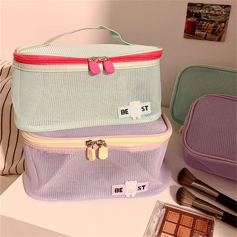 Bolsa de cosméticos de viaje de malla transparente a la moda para mujer, bolsa de aseo de 1 capa, bolsa organizadora de maquillaje de gran capacidad