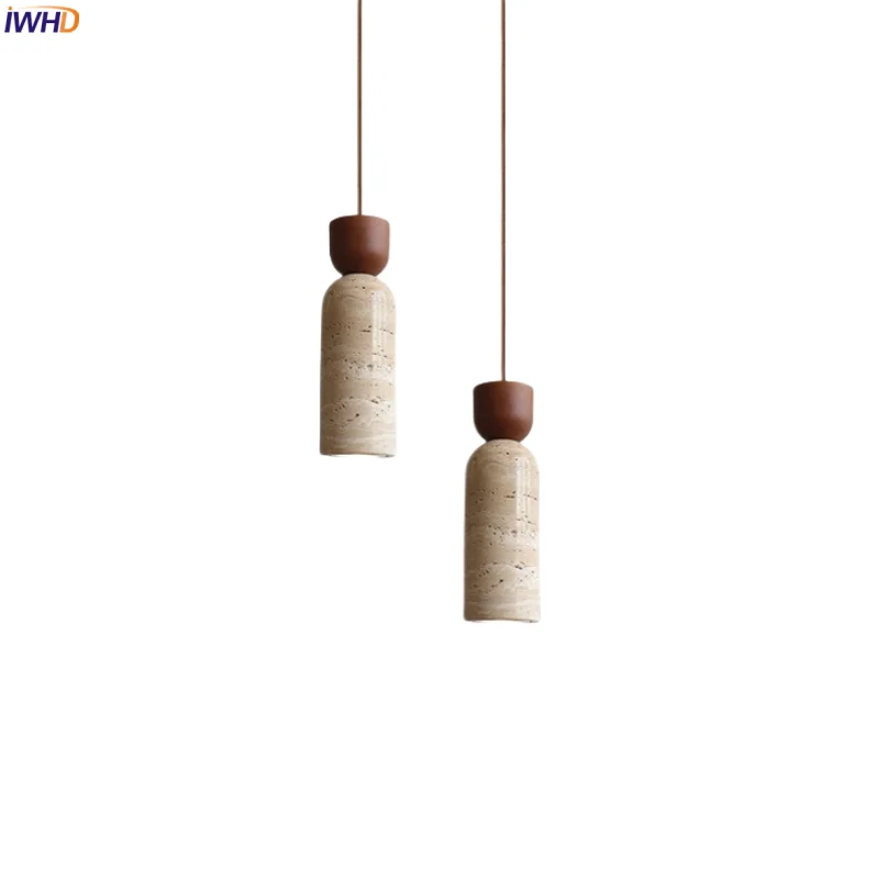 

IWHD Japanese Wabi Sabi LED Pendant Lights Fixture Bedside Living Room Yellow Travertine Interior Hanging Lamp Lighting Lampara
