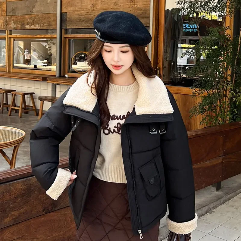 Fashion Women Winter Jacket Faux Lamb Wool Splicing Puffer Outerwear Korean Street Thick Warm Stand Collar Down Cotton Coat 2026
