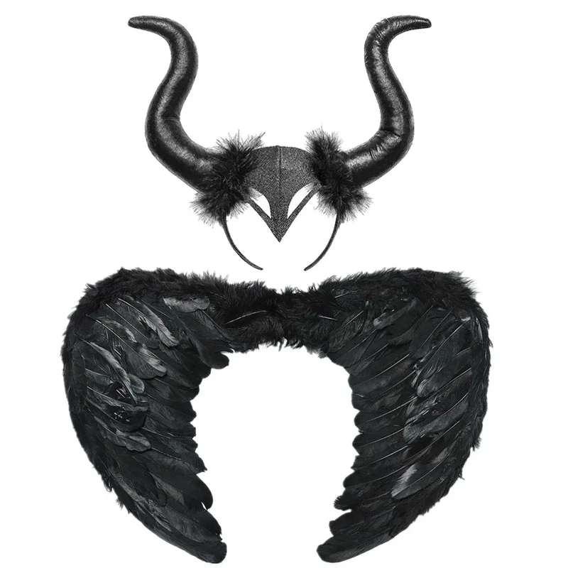 Black Maleficant Long Costumes for Girls Witch Queen Halloween Lined Dresses with Horns Feather Wings Kids Full Length Outfi@0Z*