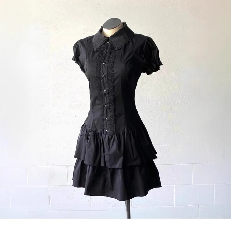 

Summer Chic Vintage Black Short Sleeve Dress Women High Street Y2k Slim Lapel Gothic Dresses Lace Retro Mini Vintage Clothes 원피스
