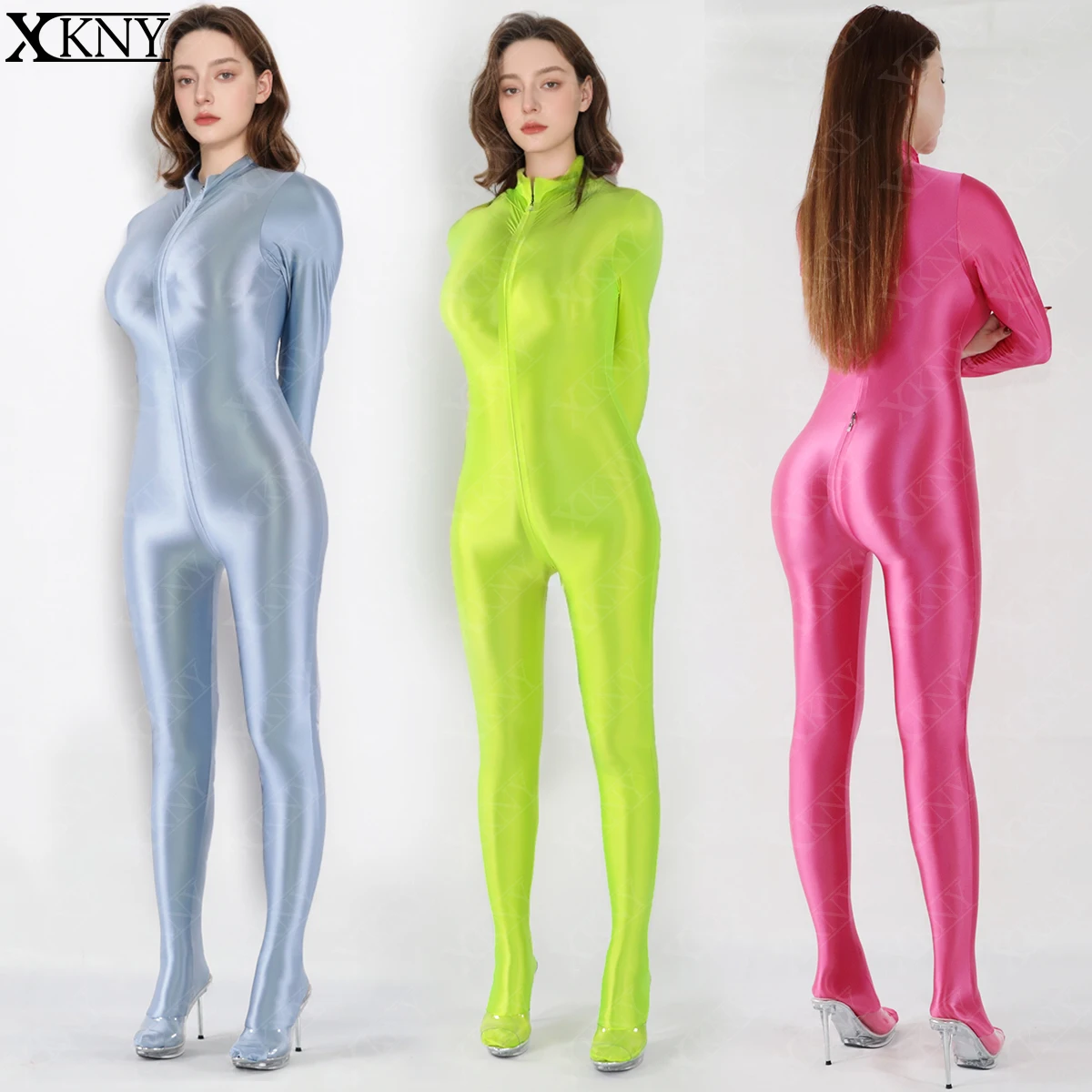 

XCKNY Satin Glossy bodysuit High Neck Long Sleeve jumpsuit Unisex Crotch Double End Zipper Leotard