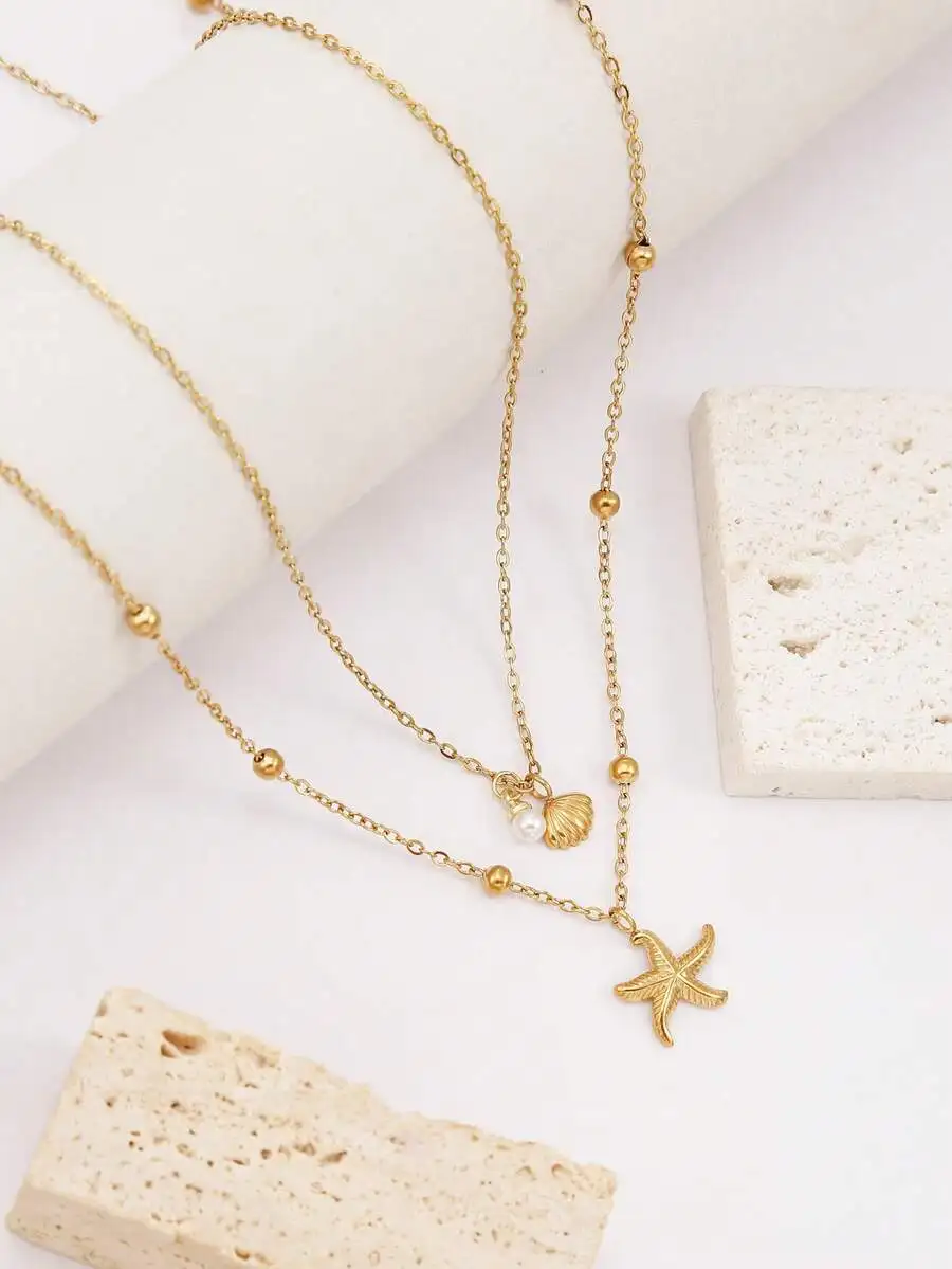 2pcs Seashell Necklace Set For Women Adjustable Starfish Seashell Faux Pearl Pendant Necklace Jewelry For Summer Beach Holiday E view 2