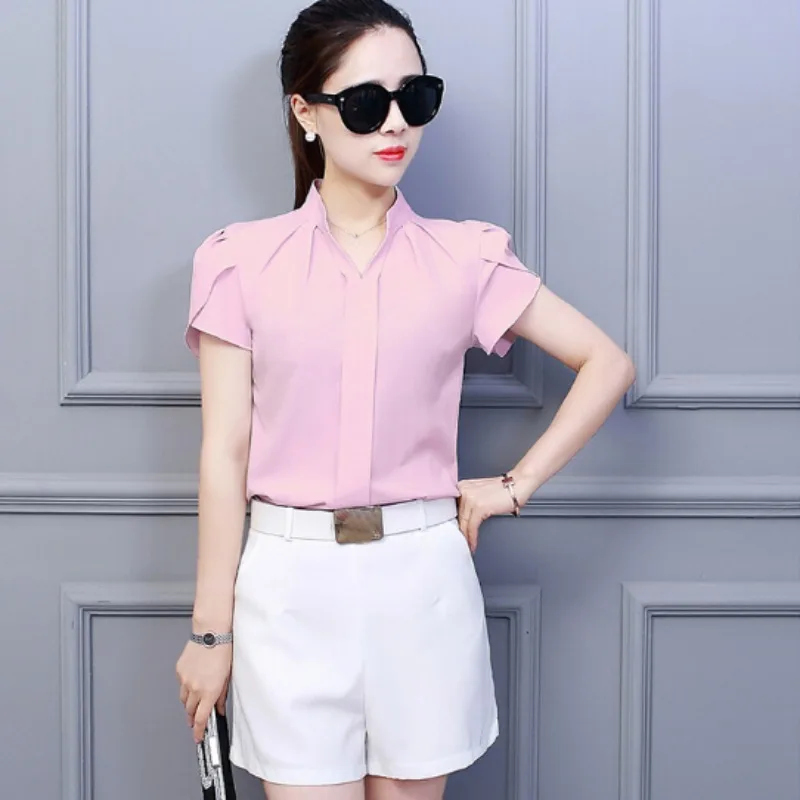 Summer Blouse Women Office Ladies Chiffon White Shirt Short Sleeve elegant Tops Casual Overalls Female Clothing