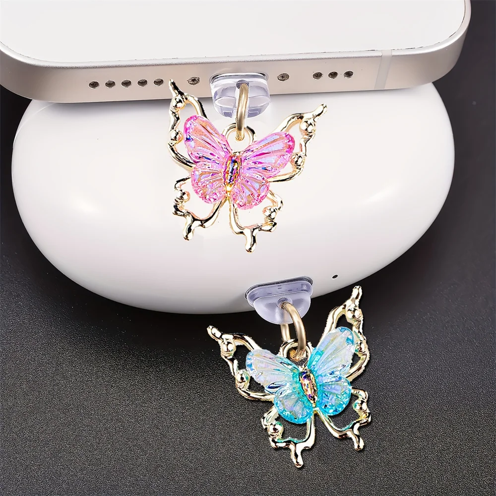 فراشة جميلة الهاتف الغبار التوصيل الملحقات الديكور شنقا قلادة آيفون سامسونج نوع C واجهة ميناء الشحن