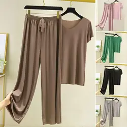 2 Pcs/Set Stylish Drawstring Summer T-shirt Pants Set Loose Thin Plus Size Summer Top Trousers Set Keep Cooling